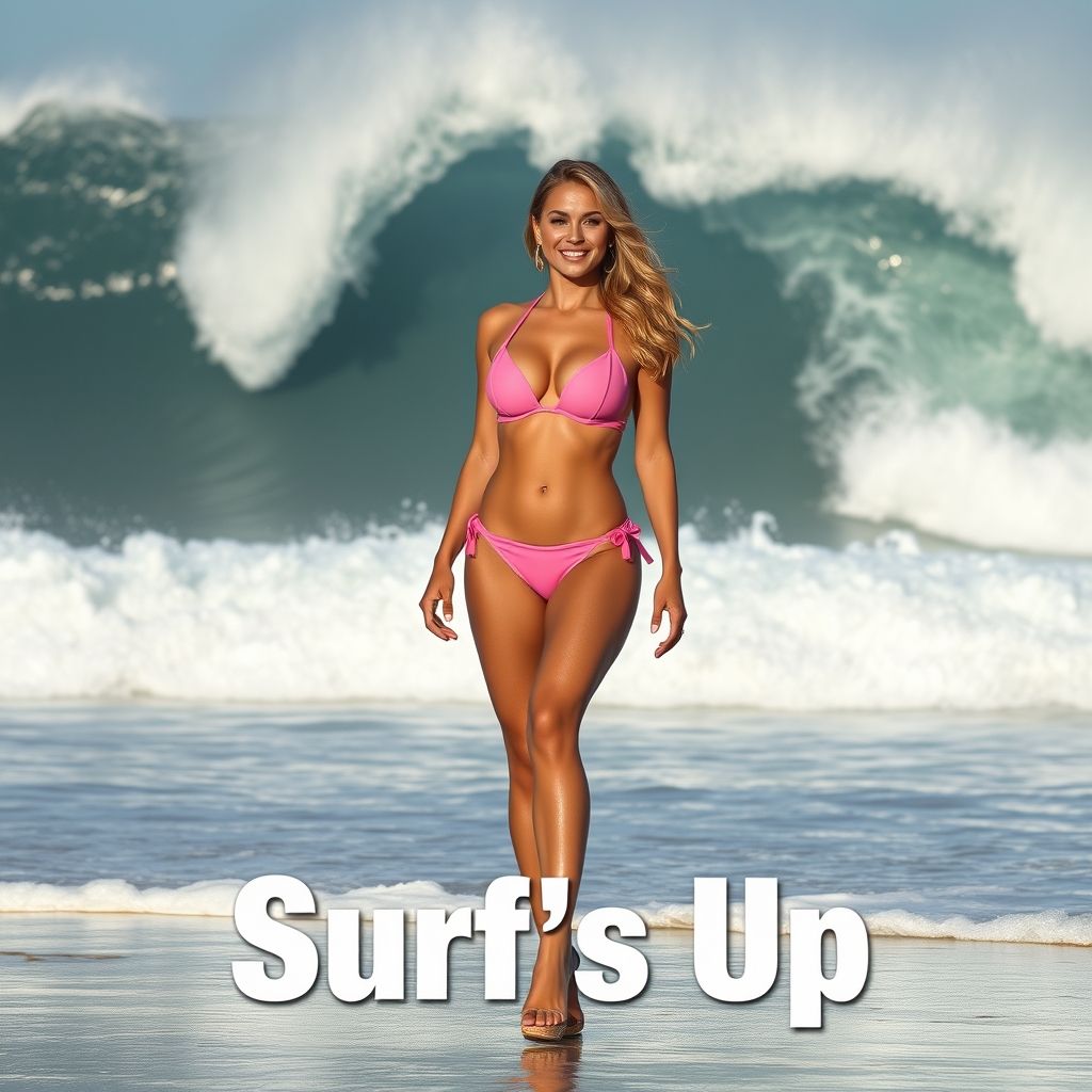 {"prompt":"Can you create a super sexy really really big breasted light blonde hair bikini model in pink standing in front of a gigantic wave, waves, on the beach at Trestles beach in California and below the image have in bold font "Surf's Up"","originalPrompt":"Can you create a super sexy really really big breasted light blonde hair bikini model in pink standing in front of a gigantic wave, waves, on the beach at Trestles beach in California and below the image have in bold font "Surf's Up"","width":1024,"height":1024,"seed":42,"model":"flux","enhance":false,"nologo":true,"negative_prompt":"worst quality, blurry","nofeed":true,"safe":false,"isMature":false,"isChild":false}